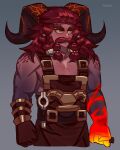  1boy absurdres apron bangs belt brown_apron brown_gloves chest_hair clenched_hands collarbone colored_skin cookie3w3 facial_hair gloves gradient gradient_background grey_background highres holding horns humanization league_of_legends long_hair muscular muscular_male mustache ornn red_hair red_skin shiny shiny_hair solo yellow_eyes 