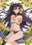  0825belle 1girl asymmetrical_bangs bangs bikini black_hair black_ribbon black_thighhighs breasts collarbone commentary detached_collar earrings fate/grand_order fate_(series) flower gold_osmanthus gold_trim hair_ribbon hand_up heavenly_boat_maanna highres hoop_earrings ishtar_(fate) jewelry long_hair looking_at_viewer mismatched_bikini navel osmanthus parted_lips revision ribbon single_thighhigh sitting small_breasts smile solo stomach swimsuit thighhighs tiara twintails yellow_eyes 