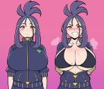  1girl alternate_breast_size black_bra black_hair black_jacket blush bra breasts cleavage cross_scar dendra_(pokemon) fingerless_gloves flashing gloves highres jacket jam-orbital large_breasts looking_at_viewer medium_hair open_mouth pokemon pokemon_(game) pokemon_sv red_eyes scar scar_on_face scar_on_forehead smile solo track_jacket underwear undressing yellow_gloves 