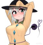  1girl :/ arms_behind_head arms_up black_headwear blush breasts buttons closed_mouth collar collared_shirt commentary diamond_button expressionless fang fang_out frilled_collar frills green_eyes green_hair hat hat_ribbon heart heart_of_string highres komeiji_koishi long_sleeves looking_at_viewer medium_breasts medium_hair ribbon see-through shirt simple_background solo third_eye topadori touhou twitter_username upper_body white_background yellow_shirt 