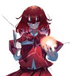 1girl book bow bowtie capelet closed_mouth hair_between_eyes highres holding holding_book looking_at_viewer muraryo okazaki_yumemi red_bow red_bowtie red_capelet red_eyes red_hair red_nails short_sleeves simple_background solo touhou touhou_(pc-98) upper_body white_background 