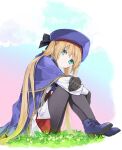  1girl artoria_caster_(fate) artoria_caster_(second_ascension)_(fate) artoria_pendragon_(fate) beret black_bow black_gloves black_pantyhose blonde_hair blue_cloak blue_footwear blue_headwear boots bow cloak closed_mouth cloud cloudy_sky fate/grand_order fate_(series) flower gloves gradient gradient_background grass green_eyes hair_between_eyes hair_bow hat highres kino_kokko long_hair long_sleeves looking_at_viewer on_grass pantyhose purple_bow shirt sitting skirt sky twintails white_flower white_shirt 