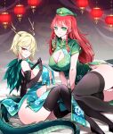  absurdres antlers blonde_hair braid breasts chinese_clothes cleavage cleavage_cutout clothing_cutout dragon_girl dragon_horns dragon_tail green_eyes green_headwear highres hong_meiling horns kicchou_yachie large_breasts long_hair raptor7 red_hair short_hair tail touhou turtle_shell twin_braids 