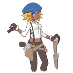  1girl blonde_hair blue_eyes breasts cabbie_hat call_(red_ash) dark-skinned_female dark_skin gloves gun hat holster long_hair looking_at_viewer midriff muu_(mumumer) red_ash simple_background smile solo suspenders weapon white_background 