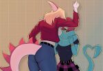  &lt;3 5_fingers anthro belt blonde_hair blue_body bottomwear brachiosaurid brachiosaurus breasts butt clothed clothing denim denim_clothing dinosaur duo female fingers furgonomic_bottomwear furgonomics hadrosaurid hair heart_tail hi_res i_wani_hug_that_gator jacket jeans liz_(iwhtg) long_neck long_tail mia_(iwhtg) multicolored_body obscured_face open_clothing open_jacket open_topwear ornithischian pants parasaurolophus pink_body plaid prehensile_tail raised_arm red_clothing red_hair red_jacket red_topwear reptile sauropod scalie shirt side_boob skirt spade_tail spikes spikes_(anatomy) topwear two_tone_body unknown_artist wristband 