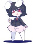  1girl animal_ears black_hair black_jacket blazer collared_shirt cosplay fried_rice0614 full_body highres inaba_tewi jacket looking_at_viewer necktie one-hour_drawing_challenge open_mouth rabbit_ears red_eyes red_necktie reisen_udongein_inaba reisen_udongein_inaba_(cosplay) shirt short_hair simple_background skirt smile solo standing touhou white_background white_shirt white_skirt 