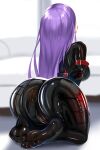  1girl arms_behind_back asagami_fujino ass bdsm belt blurry blurry_background bondage bondage_outfit bound bound_arms cameltoe damao_yu flower from_behind highres huge_ass kara_no_kyoukai kneeling latex long_hair on_floor purple_hair shiny shiny_clothes soles spider_lily tongue tongue_out 