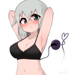  1girl armpits arms_behind_back arms_up black_bra blush bra breasts cleavage closed_mouth collarbone commentary expressionless fang fang_out green_eyes green_hair heart heart_of_string highres komeiji_koishi lingerie looking_at_viewer medium_breasts navel no_headwear sideboob simple_background solo stomach third_eye topadori touhou twitter_username underwear underwear_only upper_body white_background 