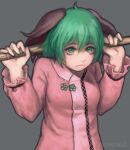  1girl ahoge animal_ears artist_name bangs breasts broom closed_mouth dog_ears dress frilled_sleeves frills gengoroumaru_(ambidextrous) green_eyes green_hair grey_background hair_between_eyes hands_up highres holding holding_broom kasodani_kyouko light_frown long_sleeves looking_at_viewer pink_dress simple_background small_breasts solo touhou upper_body 
