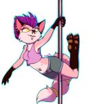  2017 accessory alpha_channel anthro barefoot bottomwear bubblegum_(jimfoxx) canid canine chin_piercing claws clothed clothing dancing ear_piercing esmeia facial_piercing feet female fox fur furgonomics hair half-closed_eyes hi_res holding_pole jewelry looking_away mammal narrowed_eyes navel navel_piercing navel_ring nose_piercing paws piercing pink_body pink_fur pole pole_dancing purple_hair ring ring_piercing shirt shorts simple_background smile solo tail_accessory tail_jewelry tail_ring tank_top toe_claws topwear transparent_background yellow_eyes 