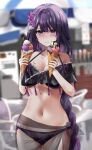  1girl bangs bikini blurry blurry_background braid braided_ponytail breasts collarbone flower frilled_bikini frills genshin_impact hair_flower hair_ornament highres holding_ice_cream ice_cream_cone lace-trimmed_bikini lace_trim long_hair looking_at_another medium_breasts navel purple_eyes purple_hair raiden_shogun sarong see-through_sarong solo sweat swimsuit very_long_hair x_hair_ornament yusura_xxx 