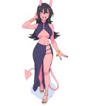  1girl :d artist_name bangs bare_shoulders black_hair black_nails blue_eyes bracelet breasts colored_skin commentary demon_girl demon_tail english_commentary feet full_body hair_between_eyes hand_up highres horns jewelry legs long_hair looking_at_viewer medium_breasts mole mole_under_eye nail_polish navel open_mouth original pink_skin pointy_ears revealing_clothes rob_ishi sandals simple_background smile solo tail toenail_polish toenails toes white_background 