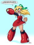  1girl arm_cannon bangs blonde_hair dress green_ribbon highres mega_man_(series) red_dress red_footwear ribbon robert_j_case roll_(mega_man) simple_background solo watermark weapon 