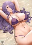  1girl absurdres alternate_costume armpits arms_behind_head artist_name bikini breasts camilla_(fire_emblem) cleavage commentary english_commentary fire_emblem fire_emblem_fates grin hair_over_one_eye highres huge_breasts kaos_art lips long_hair lying navel one_eye_covered pink_lips purple_bikini purple_eyes purple_hair smile solo stomach swimsuit water wavy_hair wet 