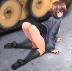  1girl all_fours anus ass black_skirt black_socks breasts breasts_out brown_eyes brown_hair censored clothes_lift girls_und_panzer ground_vehicle kamogawa_tanuki kuromorimine_school_uniform legs looking_at_viewer military military_vehicle mosaic_censoring motor_vehicle nipples nishizumi_maho no_bra no_panties paid_reward_available pussy_juice school_uniform short_hair sideboob skirt skirt_lift socks solo tank tile_floor tiles 