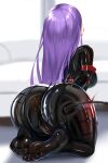  1girl arms_behind_back asagami_fujino ass bdsm belt blurry blurry_background bondage bondage_outfit bound bound_arms cameltoe damao_yu flower from_behind highres huge_ass kara_no_kyoukai kneeling latex long_hair motion_lines on_floor purple_hair shiny shiny_clothes soles spanked spider_lily tongue tongue_out whip 