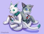  2022 anthro back_to_back chaptude diaper diaper_fetish domestic_cat duo felid feline felis fur green_eyes green_tuft grey_body grey_fur heterochromia hi_res mammal markings nintendo nintendo_switch purple_background simple_background tail_markings video_games white_body white_diaper white_fur 