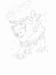  animal_focus closed_eyes commentary_request full_body fur_collar goat greyscale highres leaf monochrome munna_(pixiv_4032814) no_humans open_mouth partial_commentary pokemon pokemon_(creature) sideways_mouth simple_background sketch skiddo solo standing traditional_media u_u white_background 