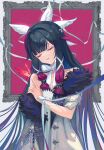  1girl arm_ribbon bangs bare_shoulders black_hair blunt_bangs bow bow_choker bug butterfly closed_eyes coat columbina_(genshin_impact) commentary_request facing_viewer fur-trimmed_coat fur_trim genshin_impact gradient_hair hair_wings head_tilt highres long_hair multicolored_hair off_shoulder parted_lips picture_frame purple_hair red_butterfly ribbon sleeveless_coat solo upper_body vanink very_long_hair white_bow white_coat white_ribbon 