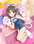  1girl animal_ears animal_hands armpit_crease bell blue_one-piece_swimsuit blush breasts brown_eyes brown_hair cat_ears cat_paws cat_tail collar commentary competition_school_swimsuit cushion fake_animal_ears fake_tail gloves hairband highres idolmaster idolmaster_cinderella_girls long_hair looking_at_viewer lying mons_pubis name_tag neck_bell old_school_swimsuit on_bed one-piece_swimsuit open_mouth paw_gloves paw_shoes petite pillow red_collar saeki_tatsuya school_swimsuit shoes sidelocks small_breasts solo swimsuit tachibana_arisu tail translated white_gloves white_hairband 