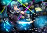  1girl audio_visualizer bangs black_hoodie blue_eyes blue_hair blue_nails blush boru_(ochagashi) character_name commentary_request computer copyright_name cowboy_shot dj hair_ornament hatsune_miku headphones headphones_around_neck highres hood hood_down hoodie laptop long_hair looking_afar mixing_console nail_polish parted_lips smile solo soundboard television turntable twintails very_long_hair vocaloid 