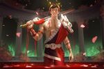  1boy artist_name black_hair black_sclera blood blood_on_clothes blood_on_face blood_on_hands blurry blurry_background colored_sclera english_commentary greek_clothes green_eyes hades_(game) heterochromia holding holding_sword holding_weapon laurel_crown looking_ahead male_focus muscular muscular_male nipples over_shoulder patreon_username pectorals petals pool_of_blood red_eyes serious single_bare_shoulder skull solo sword sword_over_shoulder veins veiny_arms weapon weapon_over_shoulder zagreus_(hades) zarory 