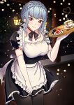  1girl :q absurdres alternate_costume apron black_dress black_pantyhose black_ribbon blue_hair blush braid breasts brown_eyes collarbone commentary crown_braid cup dress elbow_gloves english_commentary enmaided fire_emblem fire_emblem:_three_houses food frills gloves heart_steam highres holding holding_tray looking_at_viewer maid mari48240422 marianne_von_edmund medium_breasts neck_ribbon pantyhose puffy_short_sleeves puffy_sleeves ribbon short_hair short_sleeves solo tea teacup tongue tongue_out tray waist_apron white_apron white_gloves 