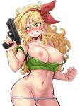  1girl angry bangs bare_shoulders blonde_hair blush breasts breath clenched_hand clenched_teeth cowboy_shot curly_hair dragon_ball dragon_ball_(classic) english_commentary fangs green_eyes groin gun hairband hand_up handgun head_tilt highres holding holding_gun holding_weapon large_breasts lewdamone long_hair looking_at_viewer lunch_(dragon_ball) navel nipples nose_blush panties panty_pull parted_bangs redrawn shiny shiny_skin simple_background solo stomach strap_slip sweat teeth underwear v-shaped_eyebrows weapon white_background white_panties 