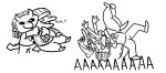  absurd_res anthro babs_(gvh) beanie clothed clothing dinosaur duo embrace erin_(snoot_game) female goodbye_volcano_high hat headgear headwear hi_res horn hug humor monochrome nrool reptile scalie screaming sketch snoot_game_(fan_game) suplex toony video_games 