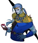  1boy absurdres armor blue_hair blue_skin chromatic_aberration colored_skin expressionless fan_mu_zhang greek_clothes hades_(game) hand_on_hip highres holding holding_whip long_hair looking_at_viewer male_focus megaera_(hades) orange_eyes ponytail shoulder_armor solo upper_body weapon 