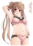  1girl arm_behind_head blush bra breasts brown_eyes hair_flaps highres ishida_arata kantai_collection light_brown_hair long_hair looking_at_viewer medium_breasts murasame_(kancolle) navel panties pink_bra pink_panties polka_dot polka_dot_bra polka_dot_panties simple_background solo twintails twitter_username two_side_up underwear underwear_only white_background 