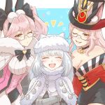  3girls animal_ears breasts capelet choker cleavage crossed_arms dobrynya_nikitich_(fate) fang fate/grand_order fate_(series) fox_ears fur_trim glasses hat highres koyanskaya_(assassin)_(second_ascension)_(fate) koyanskaya_(foreigner)_(second_ascension)_(fate) large_breasts long_hair multiple_girls one_eye_closed papico0154 paw_print paw_print_background pink_hair rabbit_ears top_hat twintails twitter_username white_hair yellow_eyes 