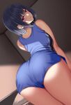  1girl arched_back ass bangs bare_arms bare_shoulders blue_hair blush closed_mouth commentary_request from_behind huyumitsu indoors looking_at_viewer looking_back mole mole_under_eye original purple_eyes short_hair smile solo thighs 