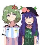  2022_fifa_world_cup 2girls absurdres alternate_costume angry argentina badge black_headwear blue_hair blue_skirt food fruit green_hair green_shirt hat highres hinanawi_tenshi kalejdodatabase kazami_yuuka leaf multiple_girls peach pink_headwear red_eyes saudi_arabia shirt simple_background skirt soccer_uniform sportswear touhou white_shirt world_cup 