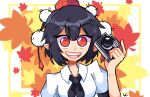  1girl autumn_leaves bangs black_hair camera collared_shirt orange_eyes pom_pom_(clothes) shameimaru_aya shirt solo theyoiy touhou two-tone_background white_shirt 