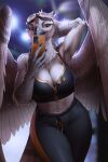  2022 accipitrid accipitriform anthro avian beak bird black_beak breasts claws clothed clothing digital_media_(artwork) eyewear feathered_wings feathers female goggles hi_res lynjox midriff navel non-mammal_breasts selfie smile solo wide_hips wings 