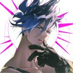  1boy black_gloves blue_hair collarbone galo_thymos gloves hair_between_eyes highres kuku_(kuza0112) licking licking_finger looking_at_viewer male_focus muscular muscular_male portrait promare short_hair solo spiked_hair teeth tongue tongue_out upper_body white_background 