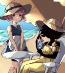  2girls beach black_hair black_skin bow chair cherry cocktail_glass colored_skin cup dress drinking_glass food fruit hair_bow hat holding looking_at_viewer lou_(shadows_house) louise_(shadows_house) multiple_girls ocean outdoors parasol red_hair round_table sand shadow_(shadows_house) shadows_house short_hair sitting smile standing straw_hat table umbrella yellow_dress yellow_eyes yomo_(yomooo1313) 