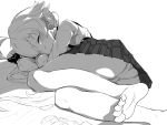  1girl ahoge ass barefoot blue_archive blush closed_eyes closed_mouth feet greyscale highres hoshino_(blue_archive) legs long_hair long_sleeves lying matcha_(mattyan) monochrome on_side panties pleated_skirt shirt skirt sleeping smile soles solo toes underwear white_background 