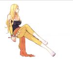  1girl bangs blonde_hair blue_shirt boots breasts celes_chere detached_sleeves final_fantasy final_fantasy_vi gold_trim hip_vent long_hair mii_(aad378) parted_bangs shirt sitting strapless wavy_hair white_footwear 