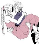 1boy 1girl aerith_gainsborough arm_around_back arms_around_neck bangs bare_shoulders blue_shirt boots braid braided_ponytail breasts carrying cloud_strife dress final_fantasy final_fantasy_vii final_fantasy_vii_remake foot_out_of_frame hair_ribbon hand_on_another&#039;s_back hand_on_another&#039;s_thigh highres long_dress long_hair looking_at_another medium_breasts oimo_(oimkimn) parted_bangs pink_dress pink_ribbon princess_carry ribbon shirt short_hair sidelocks sleeveless sleeveless_dress sleeveless_turtleneck smile spiked_hair spot_color turtleneck upper_body wavy_hair white_background 