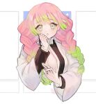  1girl alpaca_carlesi bangs black_jacket blunt_bangs braid breasts cleavage demon_slayer_uniform gradient_hair green_eyes green_hair hair_over_shoulder hand_to_own_mouth haori high_collar jacket japanese_clothes kanroji_mitsuri kimetsu_no_yaiba large_breasts long_hair long_sleeves looking_at_viewer mole mole_under_eye multicolored_hair multiple_braids open_clothes open_jacket parted_lips pink_hair shirt solo sparkle upper_body white_shirt worried 