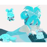  1girl aqua_hair bare_shoulders black_sleeves blue_eyes bow bow-shaped_hair cinnamiku cinnamoroll detached_sleeves grey_background hair_between_eyes hair_bow hair_ornament hand_on_own_cheek hand_on_own_face hatsune_miku highres letterboxed long_sleeves looking_at_viewer lying on_stomach sanrio shirt sleeveless sleeveless_shirt upper_body vocaloid white_footwear zzz_zhi_he 