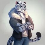  ai_generated anthro blue_bottomwear blue_clothing blue_eyes blue_jeans blue_pants bottomwear clothing coat crossed_arms denim denim_clothing felid fluffy fluffy_tail hair jacket jeans male mammal midjourney nijijourney pantherine pants pink_nose shirt smile snow_leopard solo spots t-shirt tall titanium_dragon topwear whiskers white_hair 