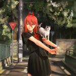  1girl animal_on_arm black_choker black_serafuku bow cat chainsaw_man choker day hair_between_eyes highres horns long_hair looking_to_the_side meowy_(chainsaw_man) niroxin outdoors outstretched_arms power_(chainsaw_man) red_bow red_hair red_horns road school_uniform serafuku shadow solo tree white_cat 