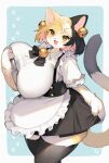  1girl :d animal_ears apron aqua_background bell black_hair black_thighhighs blonde_hair body_fur breasts brown_eyes dated furry furry_female highres huge_breasts jingle_bell kishibe looking_at_viewer maid multicolored_hair neck_bell open_mouth original short_hair smile solo tail thighhighs two-tone_hair 