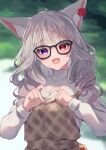  1girl :d absurdres animal_ear_fluff animal_ears bangs black-framed_eyewear blurry blurry_background braid brown_dress commentary_request commission depth_of_field dress flower glasses grey_hair heterochromia highres hinata_(user_rjkt4745) long_hair long_sleeves looking_at_viewer original outdoors puffy_long_sleeves puffy_sleeves purple_eyes red_eyes red_flower red_rose rose shirt skeb_commission sleeveless sleeveless_dress sleeves_past_wrists smile solo thick_eyebrows upper_body white_shirt 
