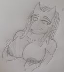  anthro babs_(gvh) breast_grab breasts dinosaur dreadlocks female goodbye_volcano_high hair hand_on_breast hi_res horn loansharkmann long_hair looking_at_viewer monochrome nipples nude reptile scalie sketch snoot_game_(fan_game) solo traditional_media_(artwork) video_games 