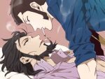  2boys arsene_lupin_iii beard black_hair blue_eyes cigarette commentary_request eye_contact facial_hair hoyano_(maimai) jigen_daisuke looking_at_another lupin_iii male_focus multiple_boys on_bed open_clothes open_shirt pectoral_cleavage pectorals short_hair sideburns smoke smoking yaoi 