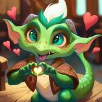 &lt;3 ai_generated anthro big_ears clothing furniture gesture green_hair hair hand_heart inside kobold leather leather_clothing male midjourney multicolored_hair nijijourney scalie shoulder_pads solo table teal_eyes titanium_dragon tongue tongue_out white_hair 